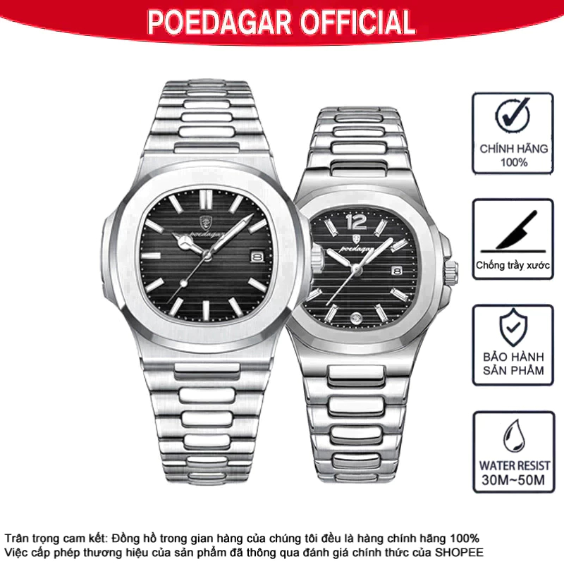 Đồng Hồ Cặp Đôi Chính Hãng POEDAGAR 613 Đồng Hồ Nam Vuông Đồng Hồ Nữ Kích Thước Nhỏ Đồng Hồ Thời Trang Tinh Tế Quà Tặng Đồng Hồ Kim Loại Sang Trọng Thanh Lịch Cổ Điển Dây Đeo Thép Không Gỉ Lịch Dạ Quang Chống Thấm Nước