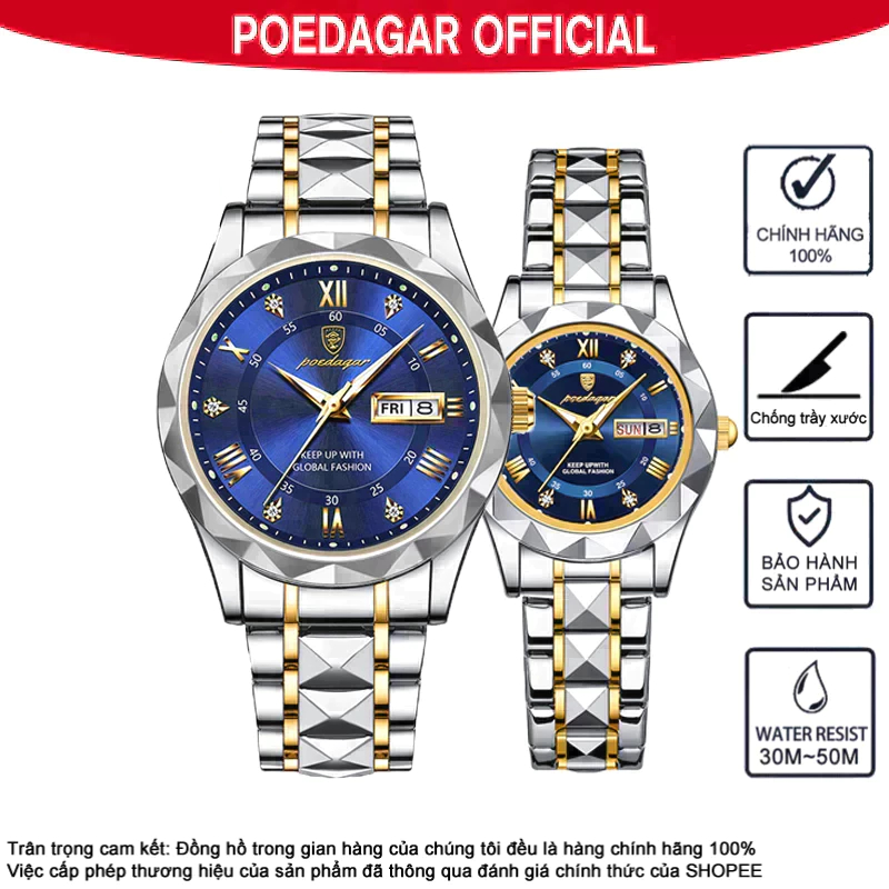 Đồng hồ cặp đôi POEDAGAR Cặp đồng hồ cặp đôi Đồng hồ nam Dây đeo bằng thép không gỉ Đồng hồ nữ Đồng hồ nam cao cấp sang trọng Lịch phát sáng Quà tặng kỷ niệm chống nước