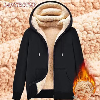 Lansboter Nam Top Mùa Đông Lông Cừu Lót Dày Có Mũ Trùm Đầu Lông Cừu Ấm Áp Áo Khoác Thường Ngày