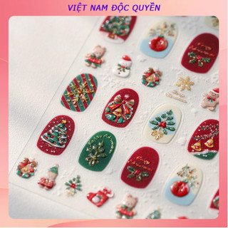 Họa tiết đỏ năm mới, cứu trợ cây thông Noel đầy màu sắc, phong cách thạch, chuông cây thông Noel, người tuyết, người bánh gừng, loạt ngày Giáng sinh, cảm giác cao cấp, dán móng tay keo dán lưng, f