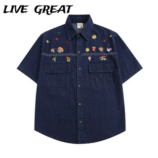 Live GREA Áo Sơ Mi Nam retro Rửa Cũ denim Mùa Hè Mới Hoạt Hình Thêu Rời Viền Tay Ngắn