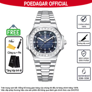 Đồng hồ nam kim loại POEDAGAR 925 Đồng hồ vuông Kim cương dát dây thép không gỉ Đồng hồ kinh doanh Vẹt Ốc Đồng hồ sang trọng Quà tặng nam