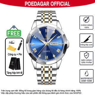  Đồng hồ nam kim loại sang trọng Chính hãng POEDAGAR 810 Dây đeo bằng thép không gỉ nguyên khối Kim cương Trang trí phong trào chất lượng cao Thụy Sĩ Phong cách doanh nhân Quà tặng nam Quà tặng ngày của cha Dạ quang chống nước chống trầy xước 