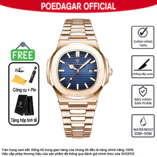 Đồng hồ nam Chính hãng POEDAGAR 613 Đồng hồ vàng Đồng hồ kim loại vuông sang trọng Hợp thời trang Dây đeo bằng thép không gỉ Lịch chống nước Đồng hồ tàu ngầm phát sáng