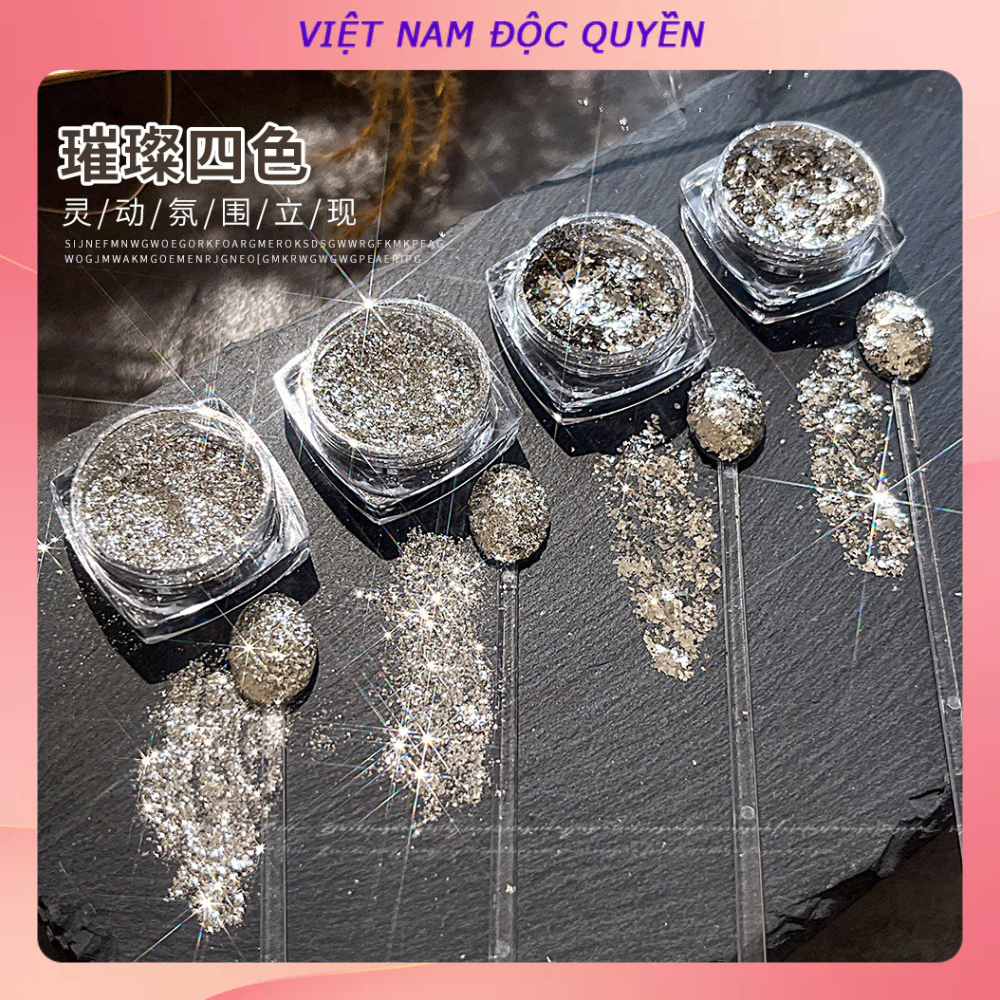 Móng tay nghệ thuật siêu long lanh bạc bạch kim bột nguyên chất bạc vương quốc loạt siêu mỏng lấp lánh móng tay mảnh lấp lánh lấp lánh trang sức móng tay bán buôn