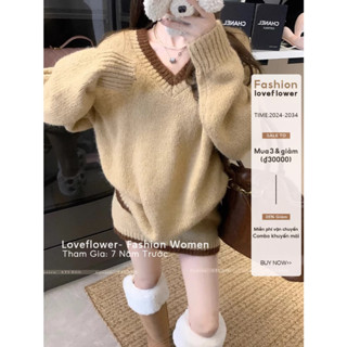 Bộ đồ màu nâu áo len dệt kim dài tay cổ chữ V eo cao mùa đông dành cho nữ, váy ôm hông, váy nửa thân, bộ hai mảnh cô gái cay