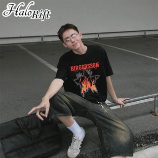 Áo thun nam HALORIFT kiểu Mỹ retro đường phố hip-hop cá tính in hình đẹp trai dáng rộng giản dị ngắn tay hàng đầu