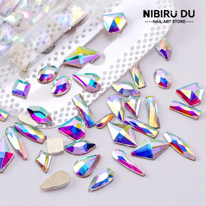 Miếng dán trang trí móng tay bằng đá Rhinestones đáy phẳng kim cương pha lê sáng bóng hình thoi mắt ngựa giọt nước bộ hỗn hợp 50/100 PCS