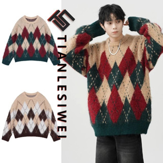 Tianlesiwei Mùa thu đông dáng rộng giản dị phong cách lười biếng ấm áp nam nữ áo len dệt kim kiểu Mỹ retro Giáng sinh áo len kẻ sọc