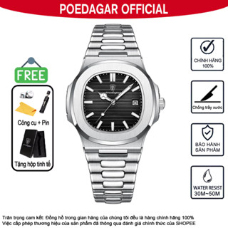 Nam Vuông Đồng Hồ Dây Thép Đồng Hồ Chính Hãng POEDAGAR 613 Đồng Hồ Kim Loại Sang Trọng Thanh Lịch Cổ Điển Dây Thép Không Gỉ Lịch Dạ Quang Chống Thấm Nước