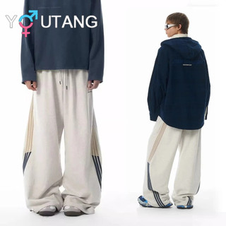 Youtang Quần thể thao dệt kim thẳng dáng rộng mùa thu phong cách Mỹ nam nữ sọc quần ống rộng thông thường