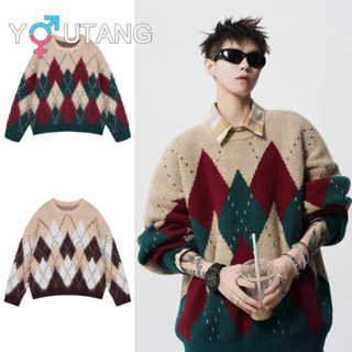  Youtang American retro Áo len kẻ sọc Giáng sinh mùa thu đông dáng rộng giản dị phong cách lười biếng ấm áp nam nữ áo len dệt kim 
