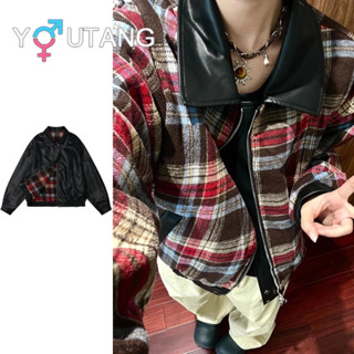Youtang [Trang phục hai mặt] Áo khoác da PU kẻ sọc màu tương phản phong cách Mỹ mùa thu đông nam nữ áo khoác phù hợp