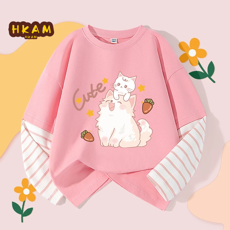 HKAM Áo thun bé gái 100% Cotton trẻ em khâu áo thun dài tay thời trang thông thường, in hình thú cưng