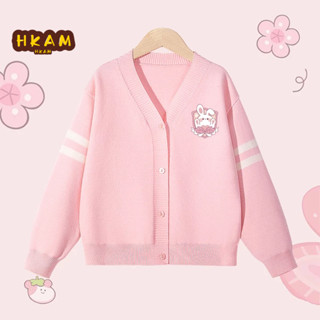 HKAM Áo khoác Cardigan dệt kim cho bé gái, Áo khoác dài tay phong cách Preppy Áo len trẻ em in hình chú thỏ