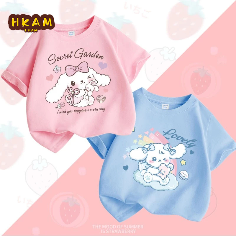 HKAM Áo thun bé gái 100% Cotton thời trang giản dị Áo thun ngắn tay mùa hè phải có Áo thun in hình thỏ dễ thương