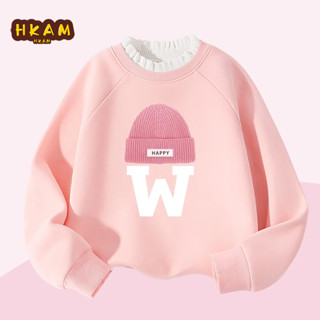  HKAM Áo Sweater bé gái Áo bông cừu dành cho trẻ em giữ ấm Thoải mái thời trang thu đông In Mũ 