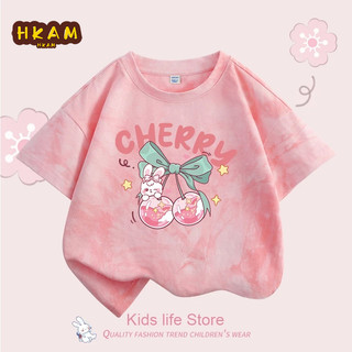 HKAM Áo thun bé gái 100% Cotton Tie-Dye Áo thun trẻ em thời trang ngắn tay bé gái Áo thun in hình anh đào
