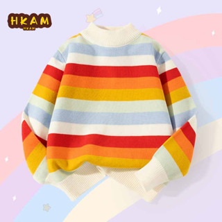 HKAM Áo Len Bé Gái Thu Đông Trẻ Em Áo Len Sọc Cầu Vồng Ấm Áp Thoải Mái, Unisex