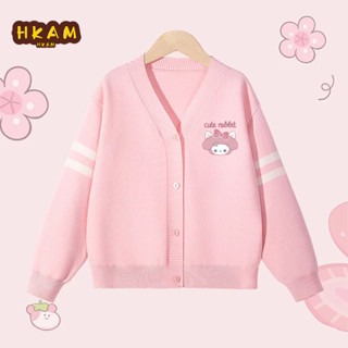  HKAM Áo khoác Cardigan dệt kim cho bé gái Áo len trẻ em phong cách Preppy In hình thỏ dễ thương 
