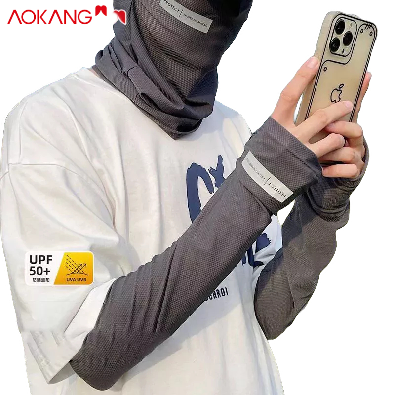 Aokong Nam Chống Nắng Mùa Hè Tay Chống Tia UV Phần Mỏng Thoáng Khí Kích Thước Lớn Tay Băng Lái Xe Và Đi Xe Mặt nạ Màu Trơn