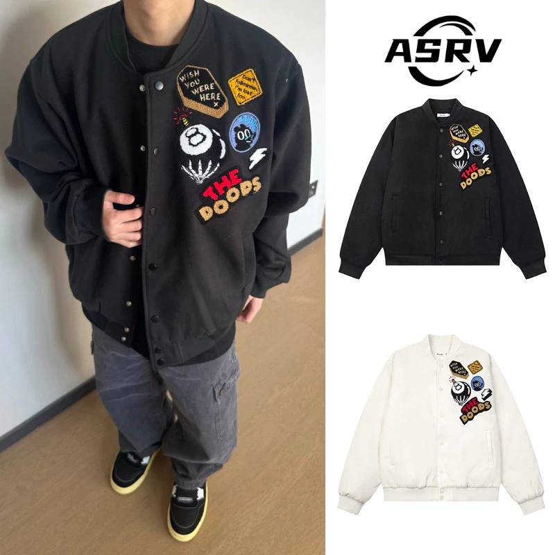 Áo khoác Bomber ASRV Đồng phục bóng chày thêu Tạp dề Đen M-2XL