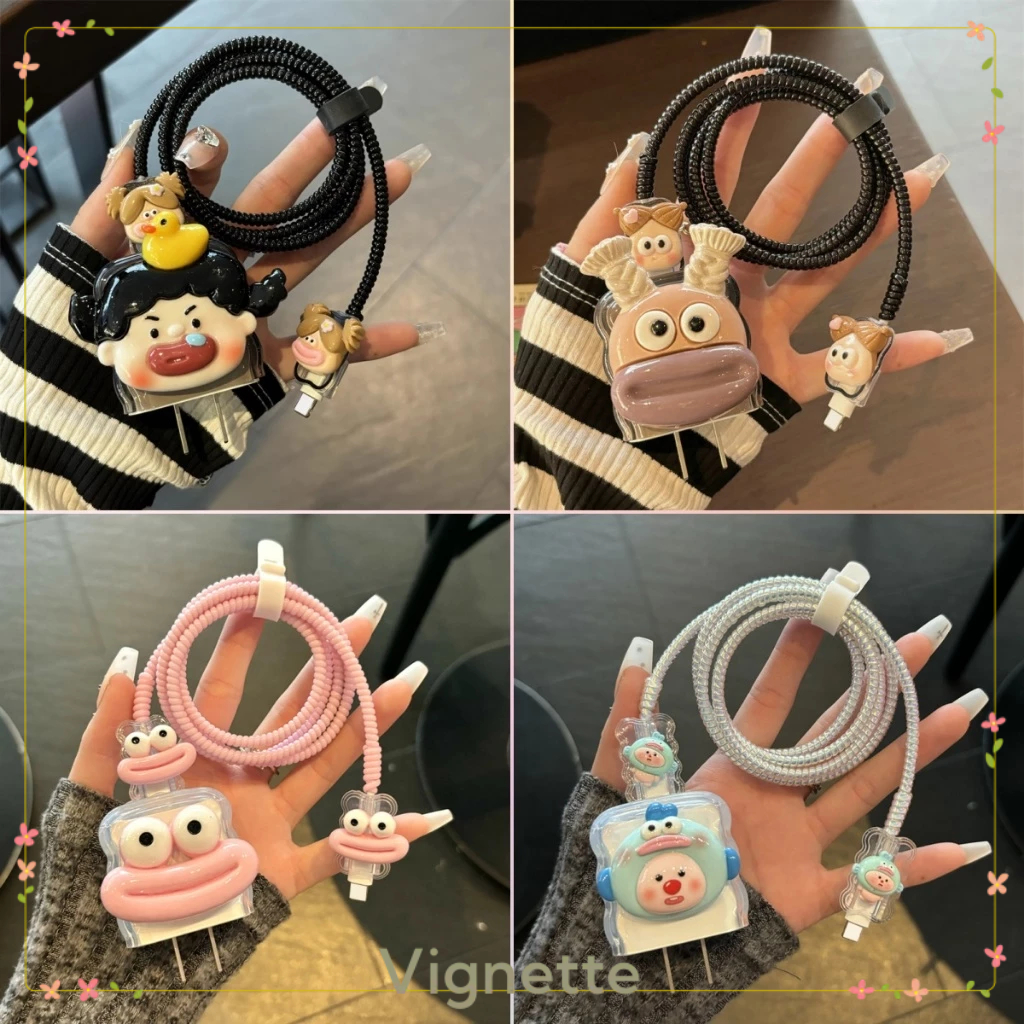 [Vignette] - COD Bộ phụ kiện bảo vệ cáp và củ sạc Đôi mắt to ngộ nghĩnh Môi dày trang trí 3D silicon Thích hợp cho IP 20W