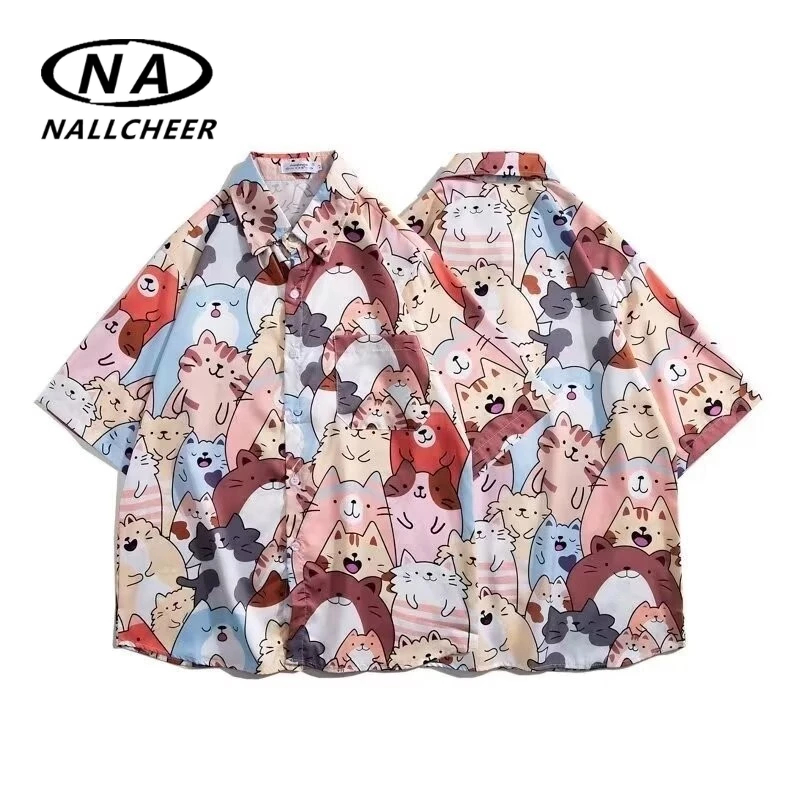 NALLCHEER Áo Sơ Mi Hawaii Hoạt Hình Mèo Con Dễ Thương Hợp Thời Trang, Đi Biển Đi Biển In Hình Áo Sơ 
