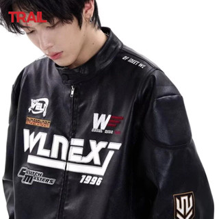 Áo khoác da phong cách đua xe nam Trail Echo có chữ thêu American Retro High Street Top