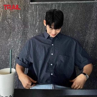  Áo sơ mi nam mùa hè mới phong cách Hàn Quốc cổ điển màu trơn đơn giản cao cấp cảm giác dáng rộng thoải mái giản dị đa năng cổ gập xuống áo ngắn tay 