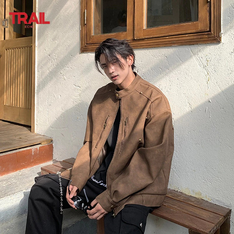 Áo khoác da lộn nam Trail Echo Áo khoác ngắn tay cao cấp phong cách Hàn Quốc mới cho mùa thu đông