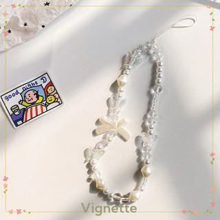   Vignette  - COD Dây đeo điện thoại di động ngắn cho phụ nữ với nơ sáng tạo đính hạt ngọc trai trắng trang trí túi phụ kiện 
