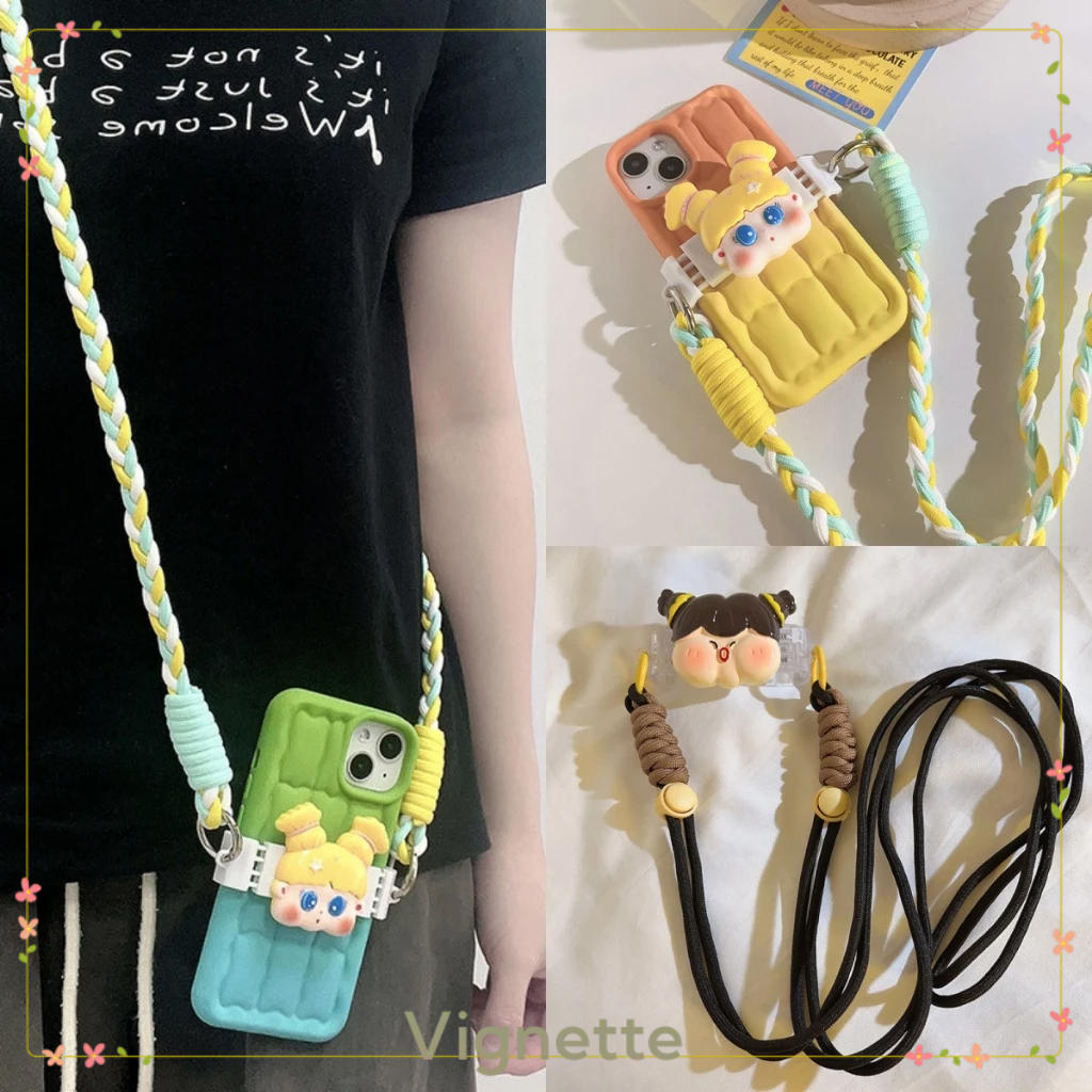 [Vignette] - COD Dây đeo điện thoại hoạt hình đeo chéo hình cô gái tóc tết màu vàng đeo kính xanh kẹp điện thoại
