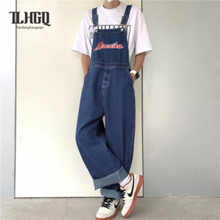TLHGQ Quần yếm denim nam Quần treo chân thẳng dáng rộng mới dành cho học sinh Bộ áo liền quần ống rộng