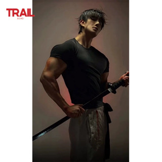 Áo thun nam thể hiện cơ bắp bó sát Trail Echo phong cách anime mùa hè khô nhanh co giãn mát mẻ cổ tròn tay ngắn