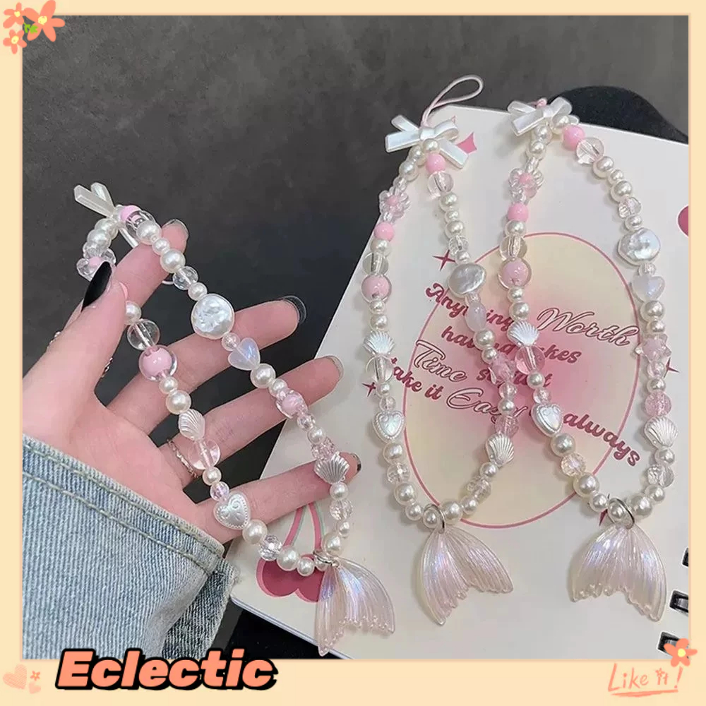- Eclectic - Dây chuyền điện thoại di động ngọc trai sò điệp mặt dây chuyền đuôi cá màu hồng ins