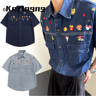 Keyingng Phong Cách Vintage Nam Denim Áo Sơ Mi Nửa Tay Thêu Họa Tiết Dễ Thương Thanh Niên Giảm Tuổi Thắt Lưng Thường Ngày Túi Chất Lượng Cao Mina Hàng Đầu