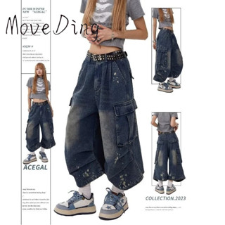 Moveding Quần nam phong cách Mỹ phun sơn thiết kế dụng cụ dáng rộng và đa năng quần ống rộng cạp cao thông thường