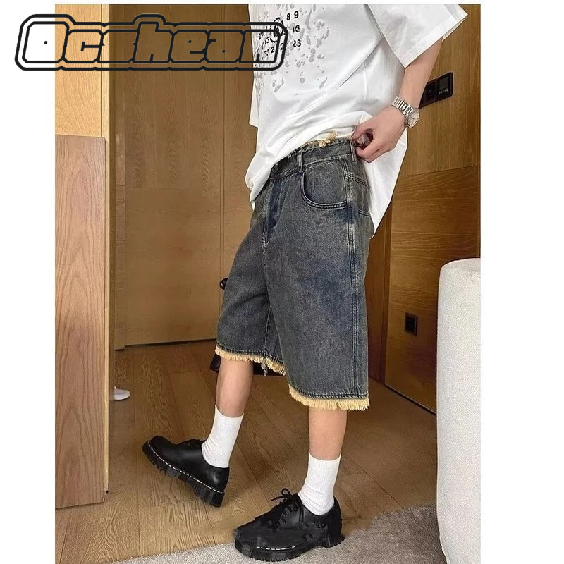Quần short nam Ocshean xu hướng retro đường phố dáng rộng quần jean ống rộng