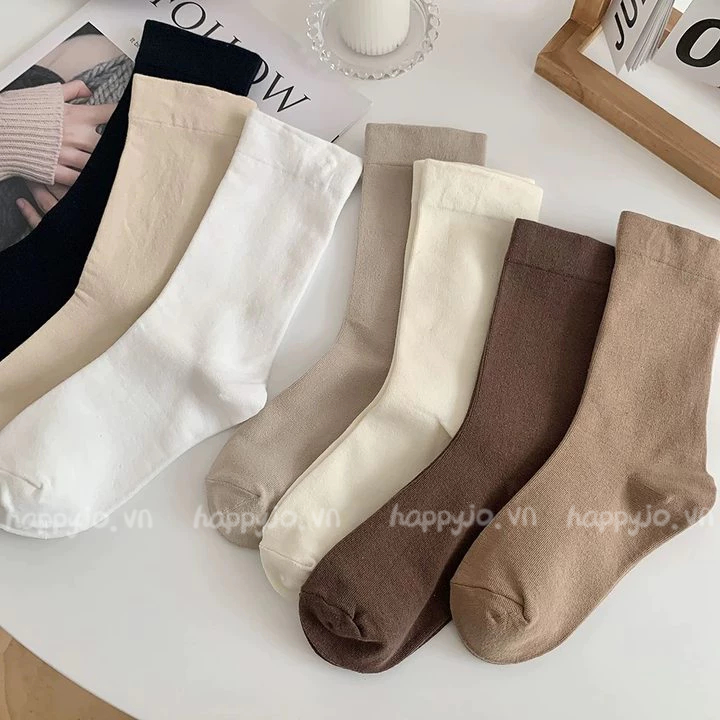 Tất cotton cổ cao, trắng, đen, nâu, vớ nhiều màu, thời trang xuân thu, màu Maillard, đơn giản và tươi mới phụ nữtất trơn dài cấp