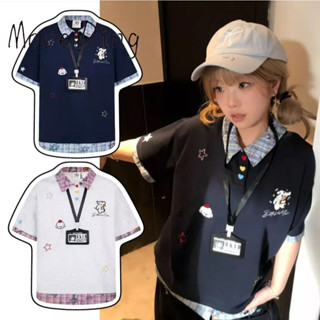 Áo thun nam ngắn tay phong cách đại học Mỹ thêu hai mảnh cổ POLO giả