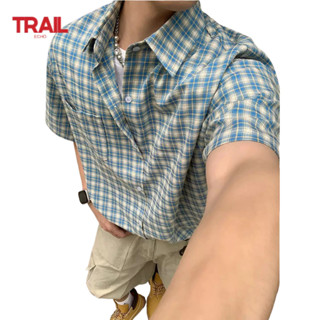 Trail Echo Áo sơ mi nam mùa hè mới Hàn Quốc Retro đa năng kẻ sọc áo ngắn tay