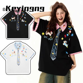 keyingng Nam Ngắn Tay Hoa Giả Cà Vạt vẽ tay graffiti thiết kế thích hợp sáng tạo nhanh khô Áo thun nam