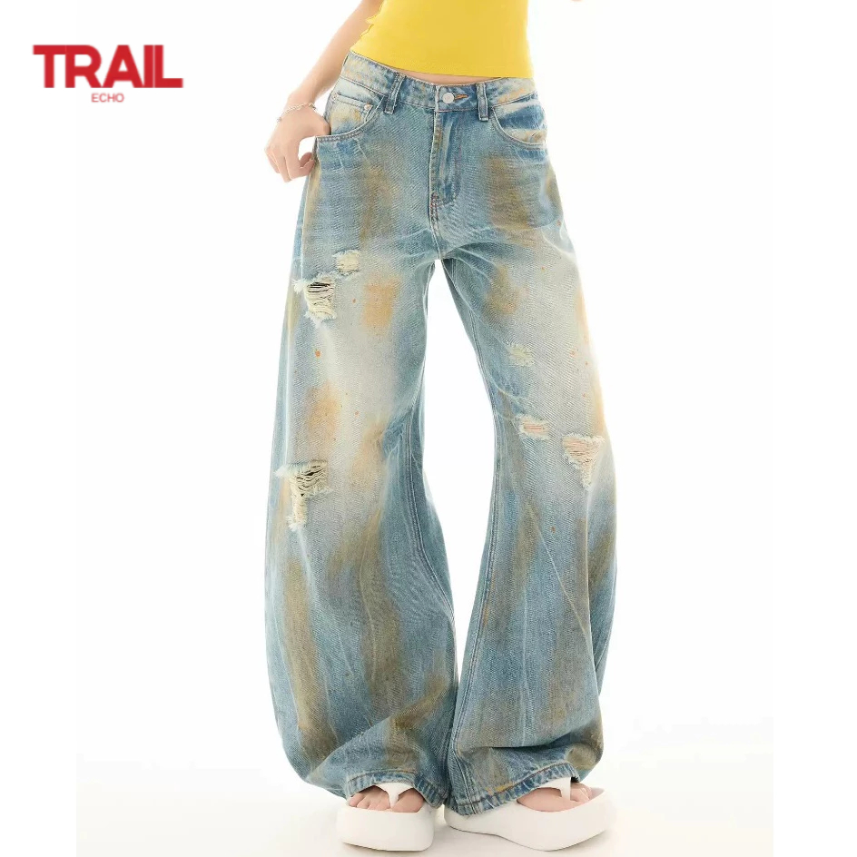 Quần Jean Nam Trail Echo Mùa Hè Retro Có Lỗ