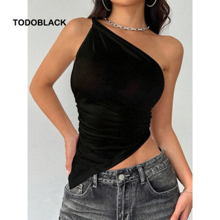 TODOBLACK Áo vest nữ màu trơn mùa hè mỏng không đều viền vai lệch vai