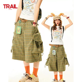 Trail Echo Người Đàn Ông Của Quần Short Mùa Hè Mới Hàn Quốc Retro Túi Lớn Đa Năng Kẻ Sọc Cắt Quần