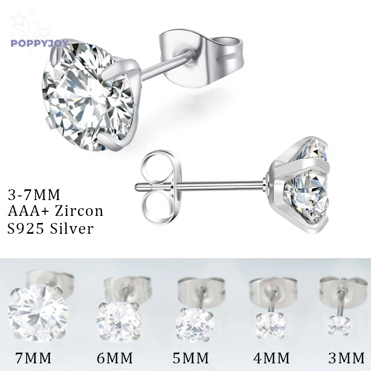 🐾POP 1 cái Bông Tai Thép Titan Bạc 925 Đính Đá Zircon 3-5MM Cho Nam Nữ