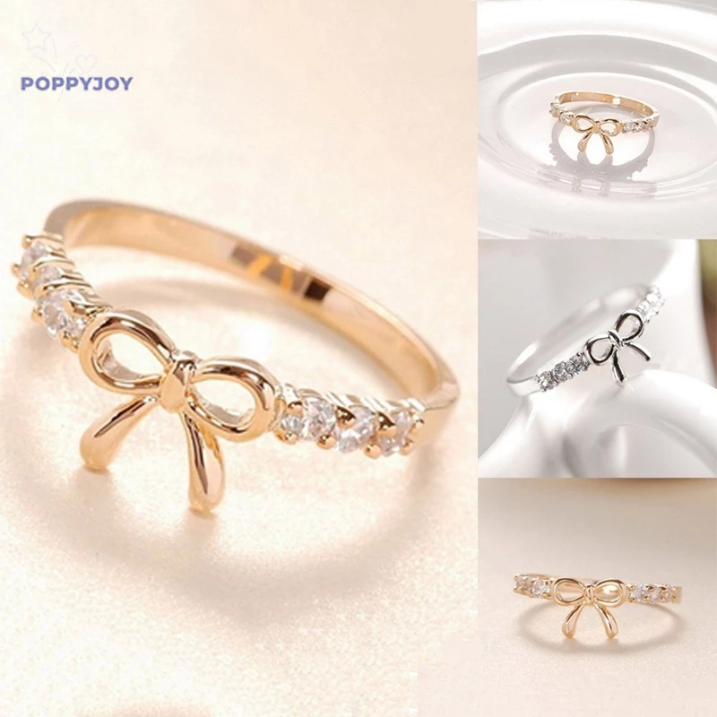 🐾POP Nhẫn nơ hợp kim đính đá thanh lịch và nữ tính