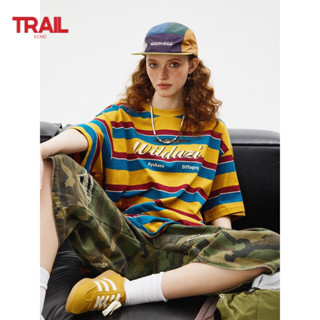 Áo thun Trail Echo unisex phong cách Hàn Quốc, sọc tương phản và in chữ, phù hợp mùa hè