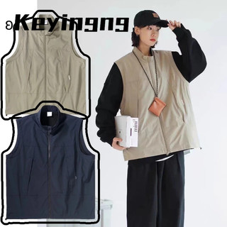 Keyingng Áo vest nam cổ đứng khóa kéo kiểu Nhật, form rộng, màu trơn